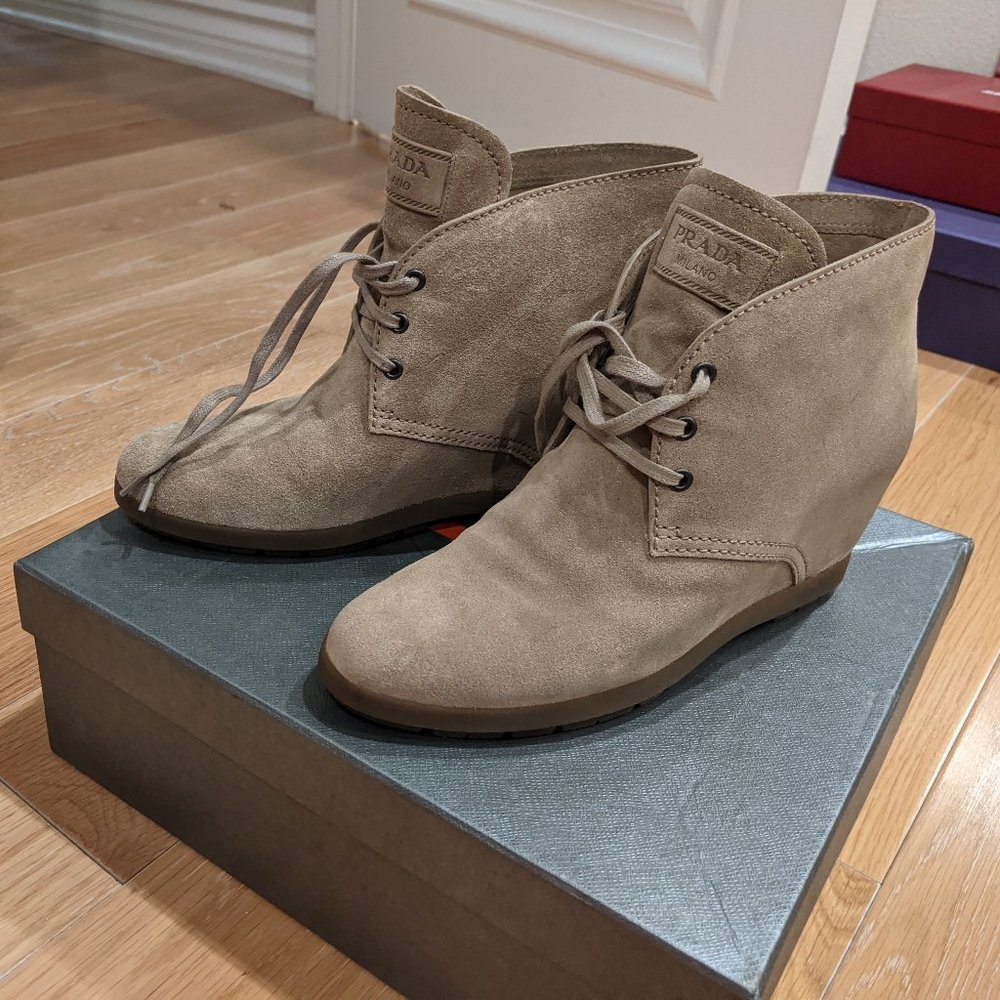 PRADA SPORT Suede Wedge Ankle Booties 10